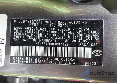 2015 Toyota Camry Xle from USA, damaged, VIN 4T1BF1FK8FU941182